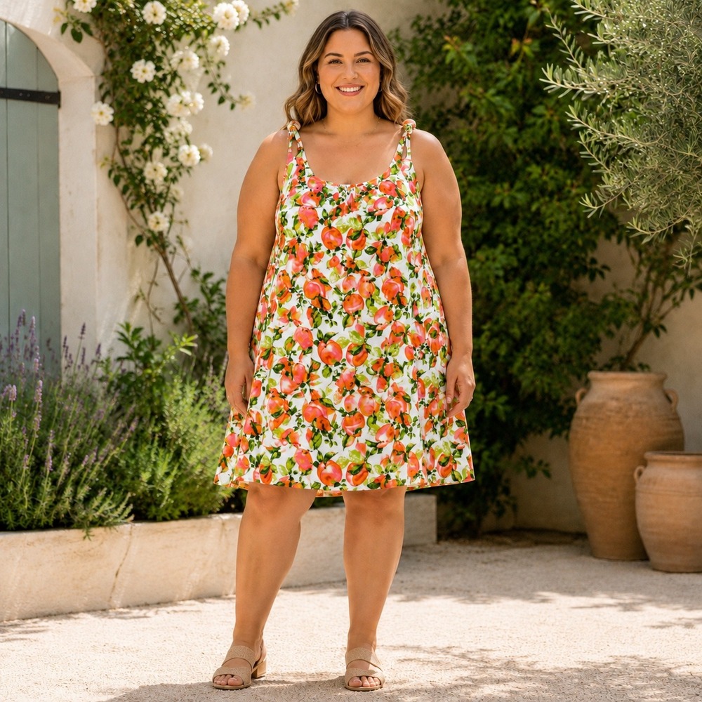 BCBG Paris Knotted Dress 2XL/3XL Peach Fruit Print Rayon Mini Sun Dress White